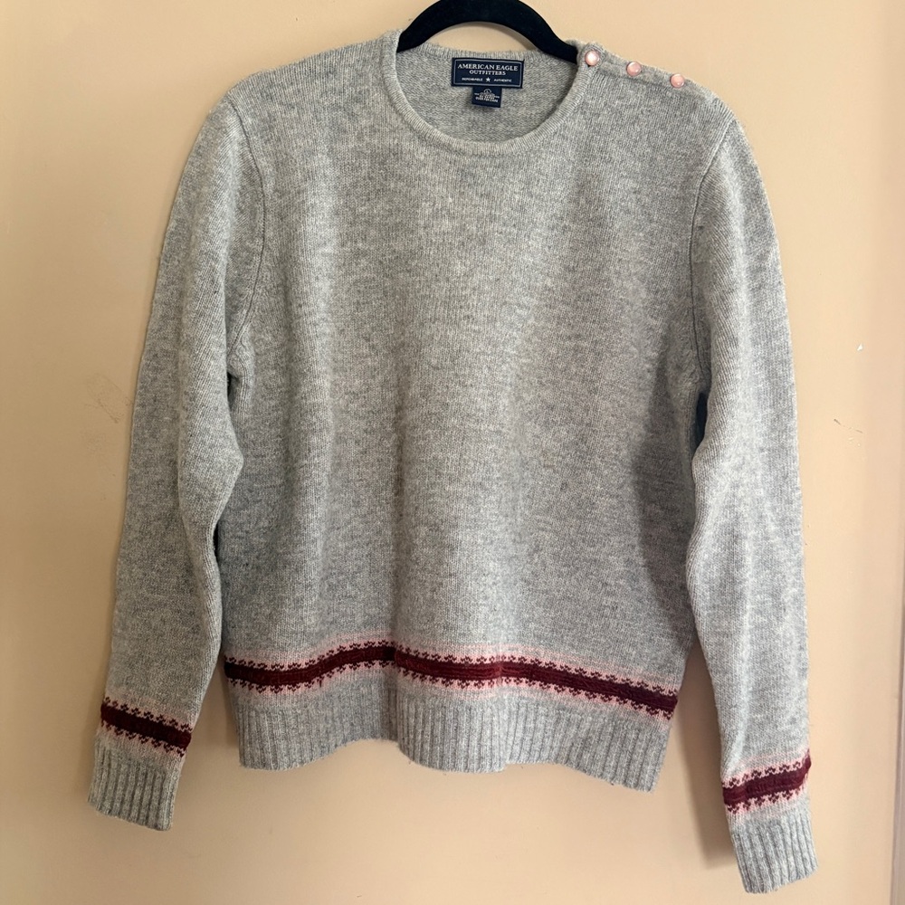 American Eagle Outfitters Vintage 90s Gray Wool Sweater Burgundy Accents Large